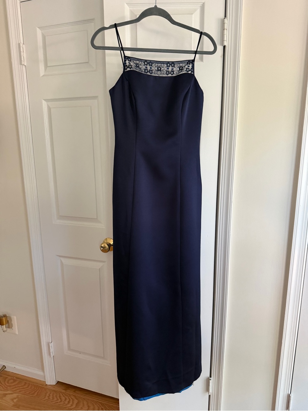Vintage Y2K Alex Evenings Navy Satin Lace Sequin Open Back Maxi Dress Size 6